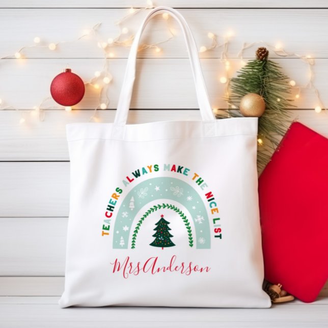 Christmas teacher rainbow nice list cute gift tote bag (Creator Uploaded)