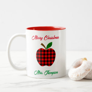 Christmas Teacher Red Plaid Apple Custom Name Two-Tone Coffee Mug