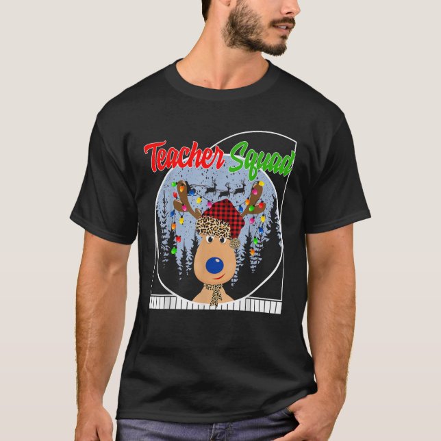 Christmas Teacher Squad Reindeer Santa Hat Teacher T-Shirt (Front)