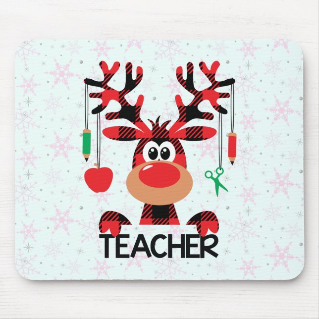 Christmas Teacher with Red Plaid Reindeer Mouse Mat (Front)