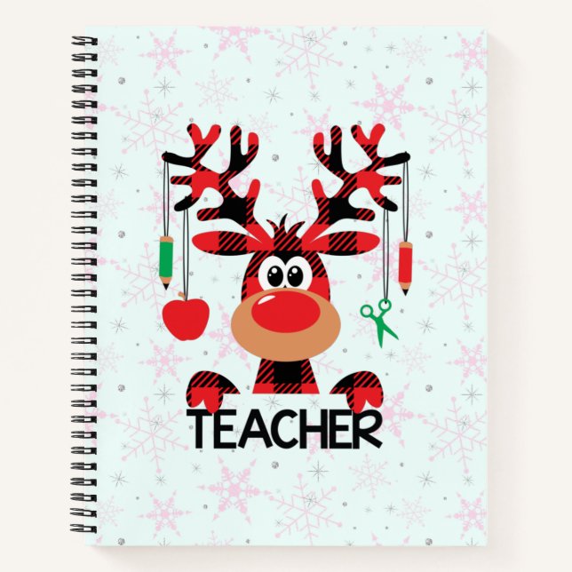 Christmas Teacher with Red Plaid Reindeer Notebook (Front)