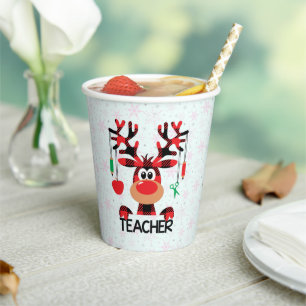 Christmas Teacher with Red Plaid Reindeer Paper Cups