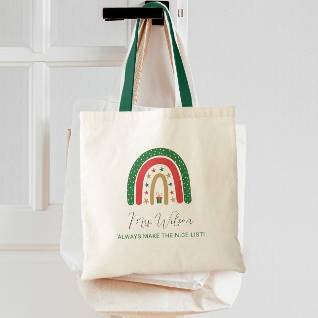 Christmas Teachers Rainbow Nice List Tote Bag (Teachers Always Make The Nice List Rainbow Christmas Tote Bag)