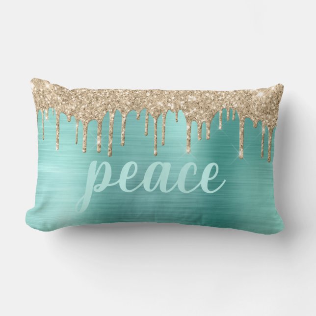 Christmas Teal Glitter Drips Metallic Typography L Lumbar Cushion (Front)