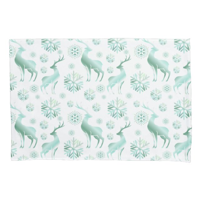 Christmas Teal Metallic Snowflakes and Reindeers Pillowcase (Front)