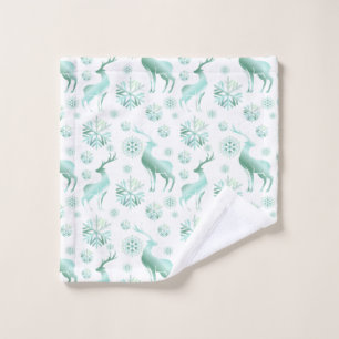 Christmas Teal Metallic Snowflakes and Reindeers Wash Cloth