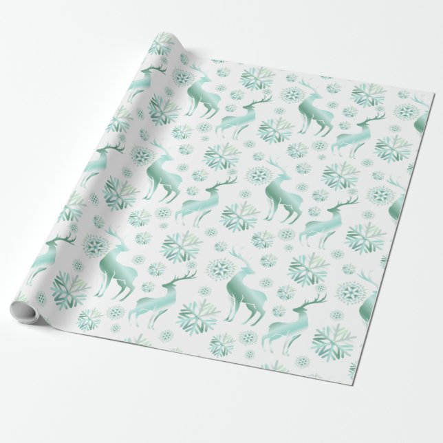 Christmas Teal Metallic Snowflakes and Reindeers Wrapping Paper (Unrolled)