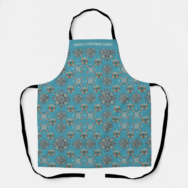 Christmas Teal Personalised Snowflake pattern  Apron (Front)