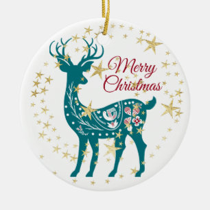 Christmas Teal Reindeer Golden Stars Elegant Ceram Ceramic Tree Decoration