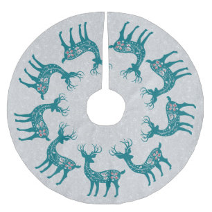 Christmas Teal Reindeer Pattern Silver Glitter Brushed Polyester Tree Skirt