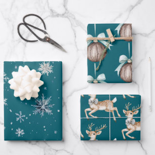 Christmas Teal Snowflakes Deer Coconut   Wrapping Paper Sheet