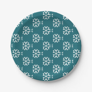Christmas Teal Turquoise White Snowflakes Paper Plate