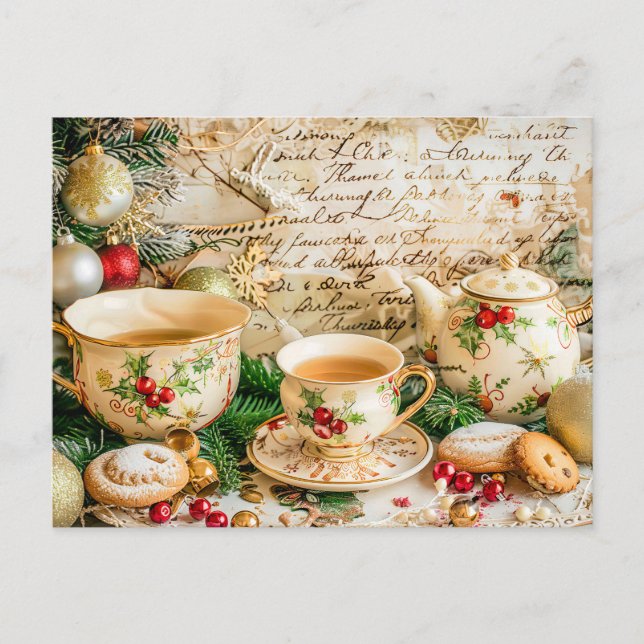 Christmas Teapot Set with Pine Green and Ornaments Postcard (Front)