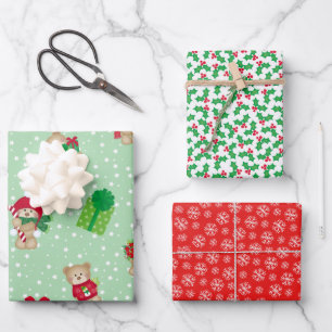 Christmas Teddies, Holly Berries, Snowflakes Set Wrapping Paper Sheet