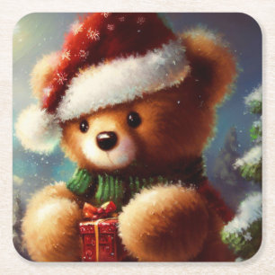 Christmas Teddy Bear 2 Square Paper Coaster