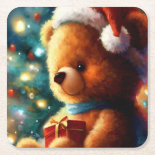 Christmas Teddy Bear 3 Square Paper Coaster