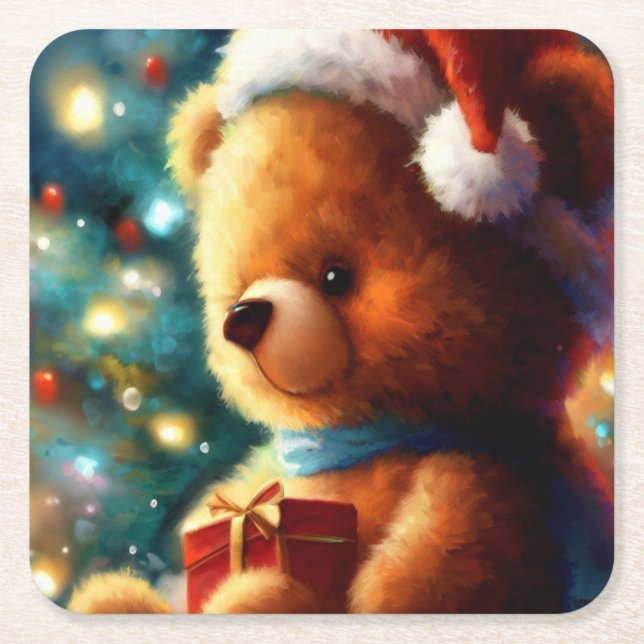 Christmas Teddy Bear 3 Square Paper Coaster (Front)