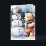 Christmas Teddy Bear And Snowman Holiday Card<br><div class="desc">Cute watercolor brown teddy bear in snowflakes with snowman.
Text is editable.</div>