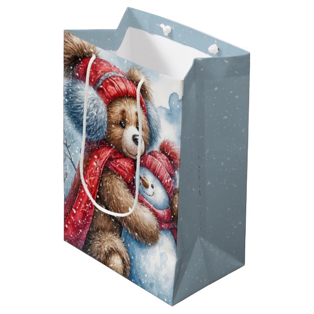 Christmas Teddy Bear and Snowman Medium Gift Bag (Front Angled)