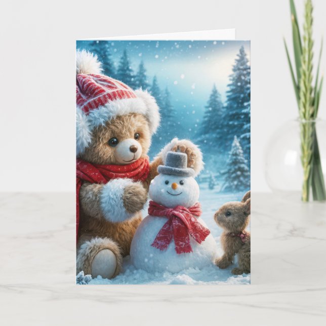 Christmas Teddy Bear Building a Snowman Holiday Card (Front)