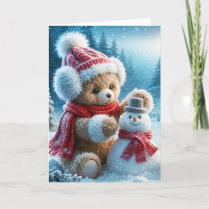 Christmas Teddy Bear Building a Snowman Holiday Card