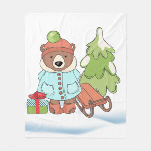 Christmas Teddy Bear Couple with Gift      Fleece Blanket