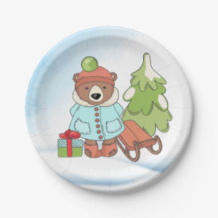 Christmas Teddy Bear Couple with Gift     Paper Plate