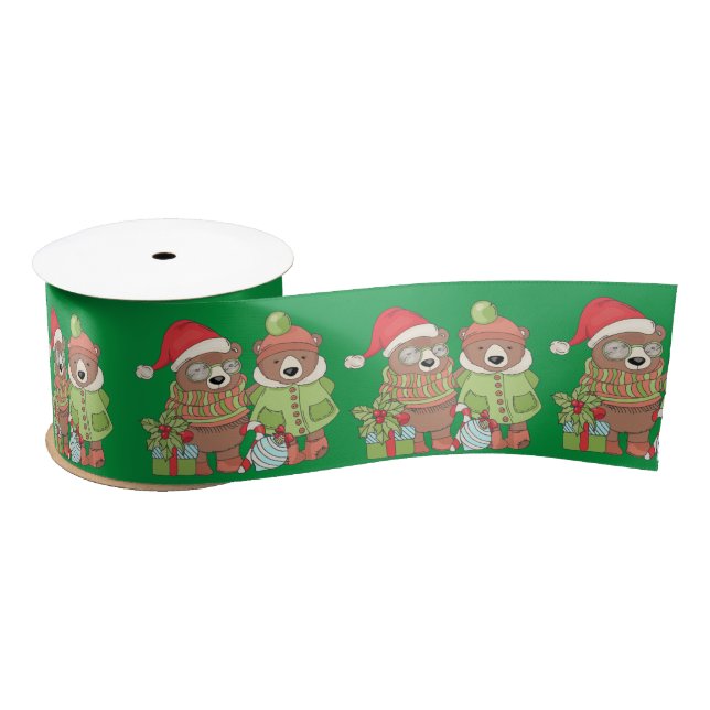 Christmas Teddy Bear Couple with Gift  Satin Ribbon (Spool)