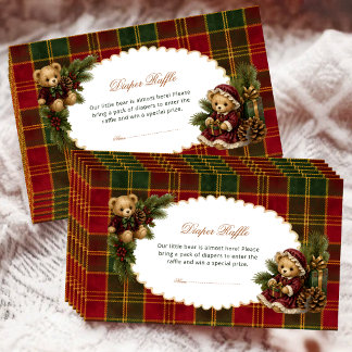 Christmas Teddy Bear Diaper Raffle Tartan Plaid Enclosure Card