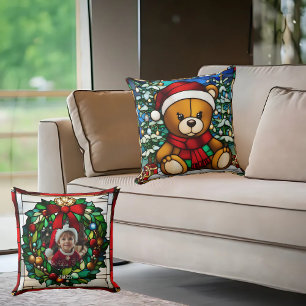 Christmas Teddy Bear Faux Stained Glass Cushion