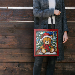Christmas Teddy Bear Faux Stained Glass Tote Bag