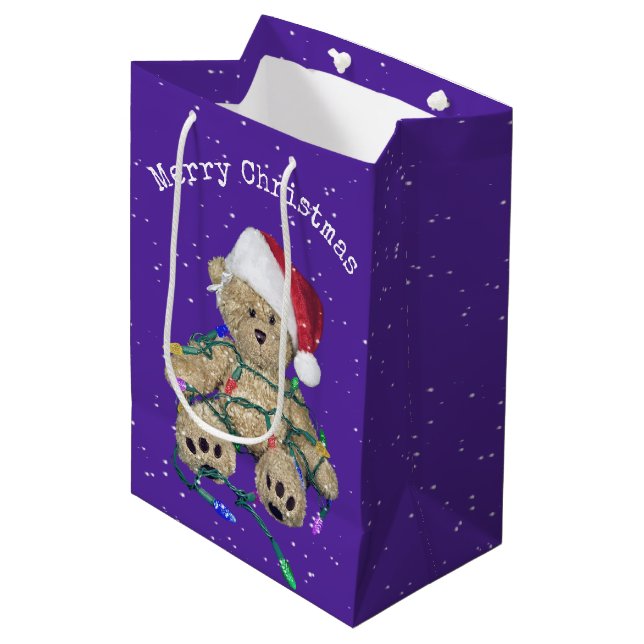 Christmas Teddy Bear In Tangled Lights Medium Gift Bag (Front Angled)
