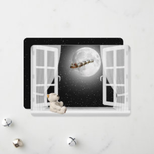 Christmas Teddy Bear in Window   Holiday Card