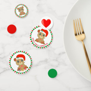 Christmas Teddy Bear on Green & Red Confetti