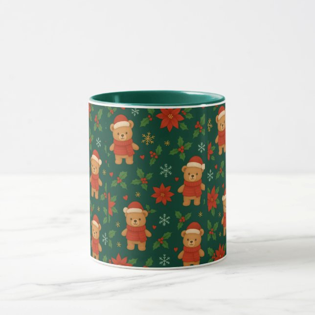 Christmas Teddy Bear Pattern – Cute Green Holiday  Mug (Center)