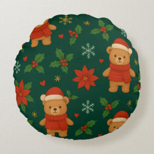 Christmas Teddy Bear Pattern – Cute Green Holiday Round Cushion