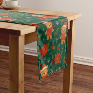 Christmas Teddy Bear Pattern – Cute Green Holiday Short Table Runner