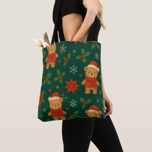 Christmas Teddy Bear Pattern – Cute Green Holiday Tote Bag