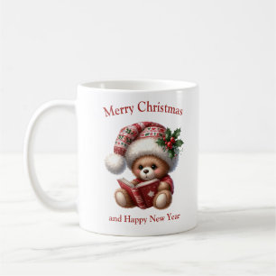 Christmas teddy bear reading a book mistletoe coffee mug