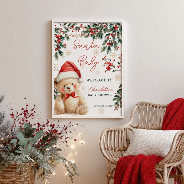 Christmas Teddy Bear Santa Baby Shower Welcome Poster (Christmas Teddy Bear Santa Baby Shower Welcome Poster)