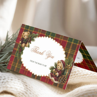Christmas Teddy Bear Thank You Card Tartan Plaid