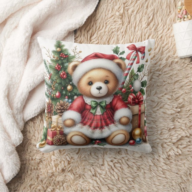 Christmas Teddy Bear Throw Pillow (Blanket)