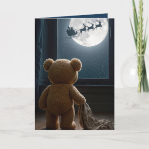 Christmas Teddy Bear Watching Santa Card