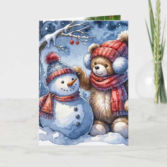 Christmas Teddy Bear With a Snowman Holiday Card (Front)