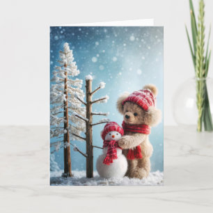 Christmas Teddy Bear With a Snowman Holiday Card
