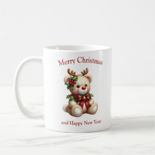 Christmas teddy bear with deer antlers mistletoe coffee mug