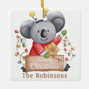 Christmas Teddy Bear with Gift and Snowflakes Ceramic Ornament