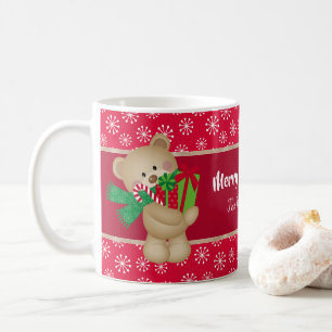 Christmas Teddy Bear with Gift and Snowflakes, Red Coffee Mug