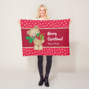 Christmas Teddy Bear with Gift and Snowflakes, Red Fleece Blanket
