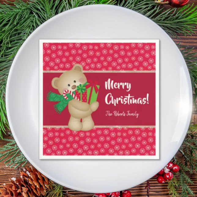Christmas Teddy Bear with Gift and Snowflakes, Red Napkin (Creator Uploaded)